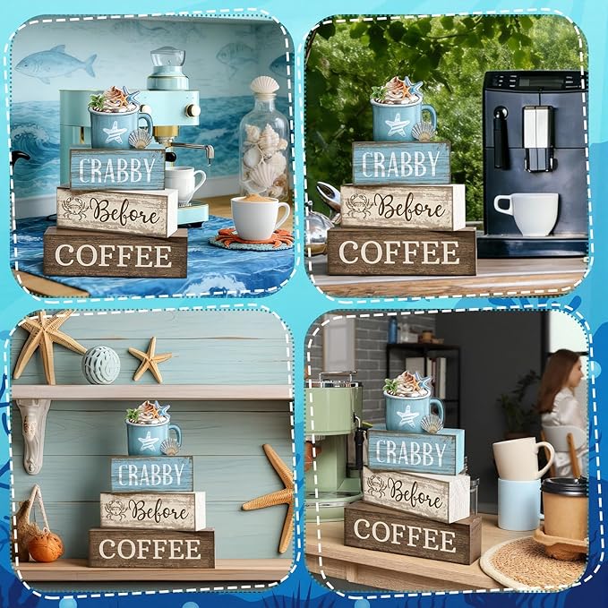 Lineshading 4 Pcs Summer Table Decorations Wooden Beach Coffee Decor Summer Tiered Tray Decor Farmhouse Crabby Before Coffee Crab Block Signs Gifts for Beach Nautical Party Home Office Decorations