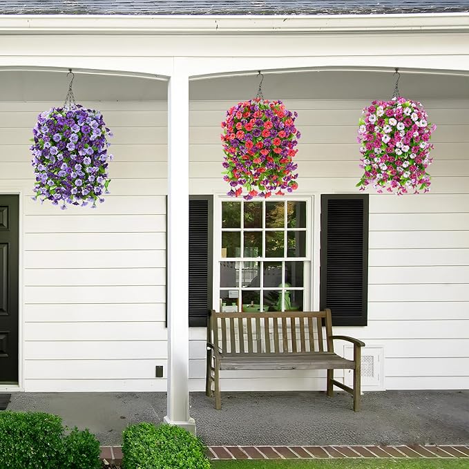 Homsunny Artificial Fake Hanging Flowers Plants Baskets for Outdoor Spring Summer Decorations,Faux Morning Glory Silk Flower for Outside UV Resistant Patio Yard Home Porch Decor(Purple)