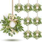 8 Pcs Green Eucalyptus Wreaths for Pillars Spring Summer Kitchen Cabinet Swag Wreaths Mini Green Berry Leaves Wreath with Ribbon for Front Door Porch Wall Window Farmhouse Decoration