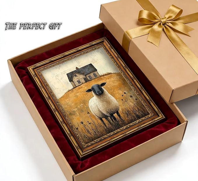 Vintage Gold Framed Wall Art Retro Country Sheep Oil Painting Canvas Prints Farmhouse Landscape Picture Wall Decor Rustic Farmhouse Animal Poster Artwork for Living Room Bedroom Bathroom, 16x24in