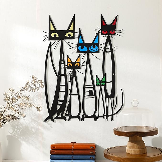 Wesiti Cat Wall Art Decor Iron Wall Sculptures Decor for Cats Lover 10.6 x 15.7 Inches Colorful Mid Century Cat Retro Signs for Home Living Room Bedroom Kitchen Office(Fashion)