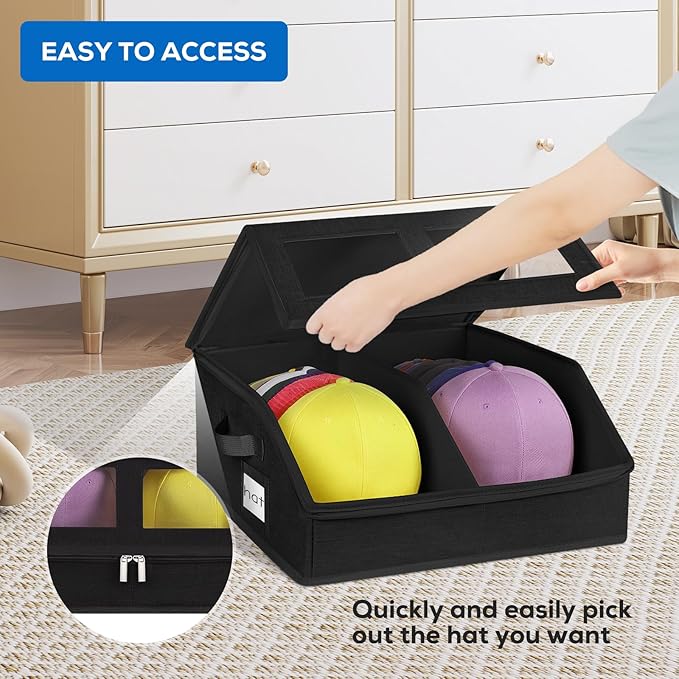 Hat Storage for Baseball Caps-Holds Up to 24 Caps, Hat Organizer for Closet Stackable Hat Box with Cardboard, Dustproof Baseball Cap Organizer with 2 Handles for Home Travel (Black, 1 Pack)