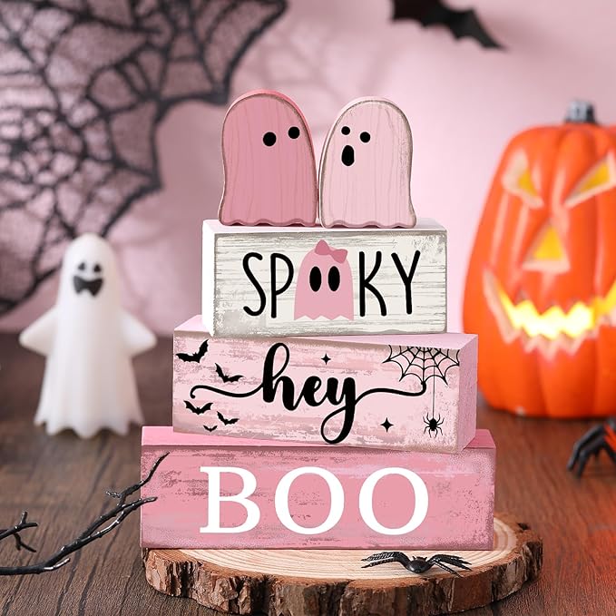 Lineshading 4 Pcs Pink Halloween Decor Ghost Table Decorations Halloween Tiered Tray Decor Farmhouse Ghost Tabletop Centerpiece Rustic Pink Block Sign Gift for Home Kitchen Shelf Office Mantel
