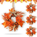 4 PCS Mini Fall Wreaths for Kitchen Cabinet 9 Inch Fall Maple Leaf Wreath for Front Door Small Autumn Hanging Wreath Thanksgiving Candle Ring for Farmhouse Home Porch Wall Window Table Decoration