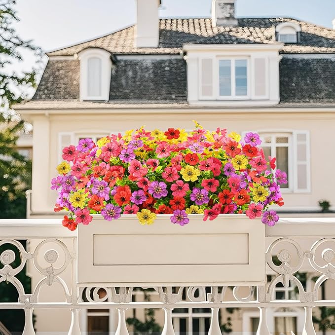 Artificial Fake Flowers for Outdoors Spring Decor, 12 Bundles Faux Silk Flowers Daisy Eucalyptus Plants UV Resisitant Colorful Artificial Flowers for Outside Planter Pots Front Porch Garden Patio