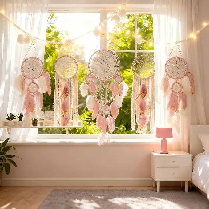 Dream Catcher Wall Decor,Large Boho Dream Catcher with Luxurious Feathers & Beads, Handmade Wall Hanging for Bedroom,Living Room, Gift Ready for Girls & Adults (Pink)