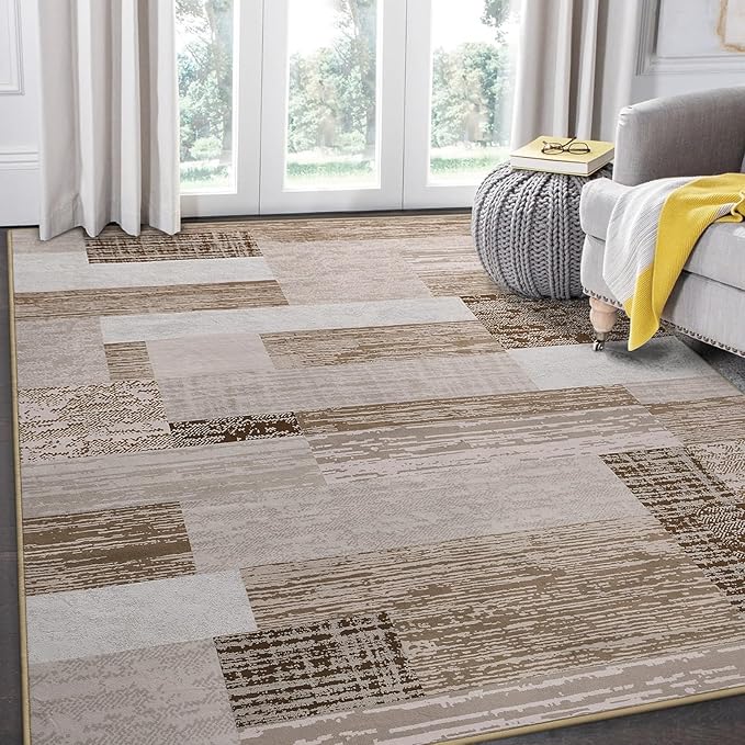 FlyDOIT Modern Geometric Patchwork Area Rug, 6x9 Beige Large Rugs for Living Room, Rockwood Collection Indoor Rugs for Bedroom, Throw Carpet Floor Decor for Entryway Dining Room Office Nursery