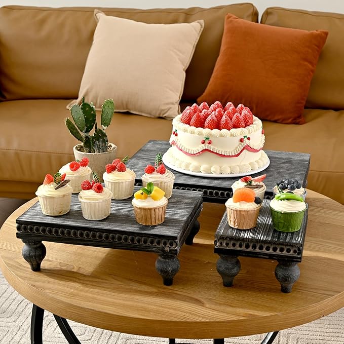Swallowliving 3 Pcs Set Farmhouse Wood Risers for Display Decorative, Rustic Shabby Chic Tiered Tray for Kitchen Counter, Coffee Bar Table, Dining Room, Wooden Rectangle Beaded Pedestal Stand for Food, Black