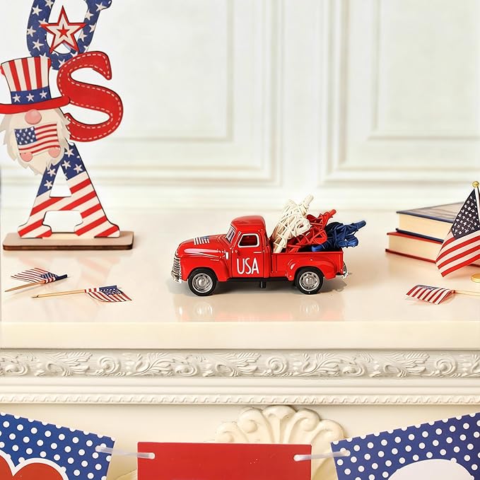4th of July Truck Decorations - Farmhouse Metal Truck Car Decor with Stars Decorations, Patriotic Centerpieces for Tables - Lndependence Day Memorial Day Red White and Blue Tiered Tray Decor