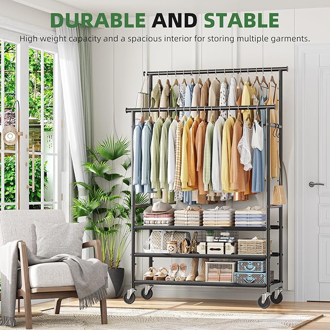 Double Rods Clothes Rack for Hanging Clothes, Rolling Clothing Rack with Wheels, 3-Tier Hanging Rack with Mesh Shelves, Holds 300 LBS for Bedroom, Laundry, Living Room, Black