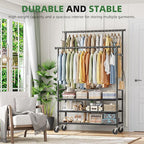 Double Rods Clothes Rack for Hanging Clothes, Rolling Clothing Rack with Wheels, 3-Tier Hanging Rack with Mesh Shelves, Holds 300 LBS for Bedroom, Laundry, Living Room, Black