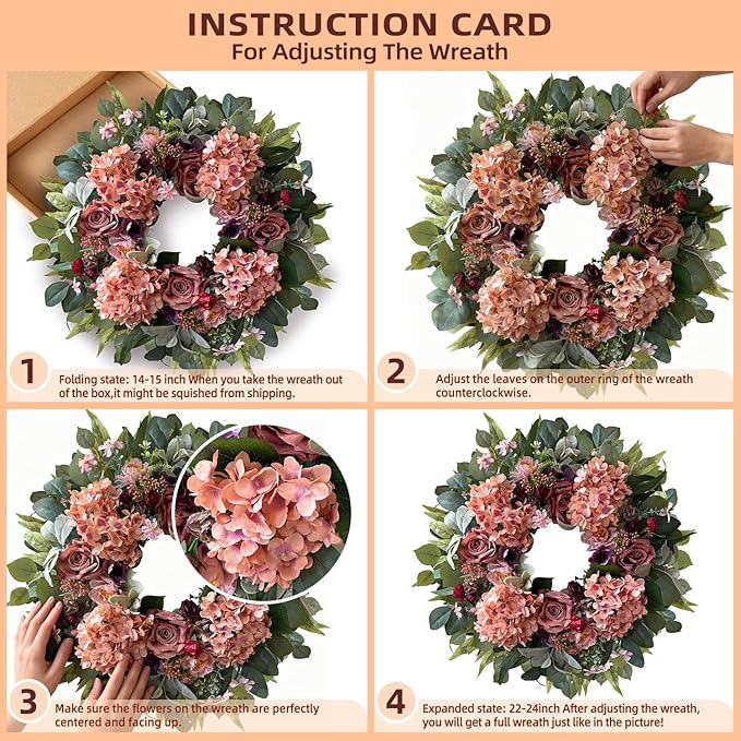 WANNA-CUL 24 Inch Spring Hydrangea Wreaths for Front Door,Pink Rose Peony Floral Door Wreath for Mother’s Day Valentine Wedding Year Round Indoor Outdoor Wall Decor
