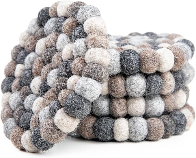 Round Felt Ball Coasters - 100% Merino Wool Table Coasters - Felt Coaster Pads, Absorbent Trivet for Drinks - Heat Resistant, Thick & Durable Hand Felted - Woolygon - Multicolor Set of 5 (Pebbles)