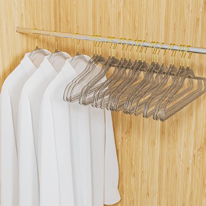 50 Pack Clear Plastic Hangers with Gray Glitter, Acrylic, Ultra Slim, Space Saving, for Coats, Pants, Suits, Shirts, Skirts, Dress Clothes