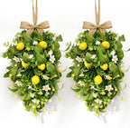 2 Pack 22'' Lemon Swag Wreaths for Cabinets Spring Summer Teardrop Wreath with White Daisy Flowers Artificial Lemon Teardrop Wreath with Bow for Farmhouse Front Door Porch Window Wall Hanging Decor