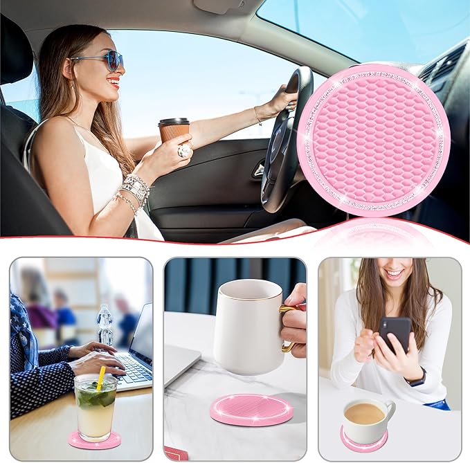 COCASES Car Coasters, 4 Pack Universal Vehicle Bling Car Coaster, Rhinestone Coaster for Cup Holders, Car Interior Accessories 2.75'' Silicone Car Coasters for Women(Pink, Pink Crystal Circle)