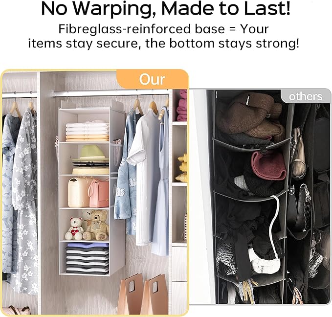 Extra Deep Hanging Closet Organizers and Storage, 5-Tier Closet Hanging Organizer with 4 Mesh Pockets, Heavy-Duty Closet Shelves for Clothes and Hats, Ideal for Dorms and RVs, 1-Pack, White