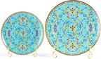 KAMMAK Decorative Plates Set for Display, Blue Ceramic Plate Decor with Stand, Handmade Vintage Porcelain Ornament for Table, Living Room, Kitchen, Office, Perfect Chinese Style Dish Gift (8in+10in)