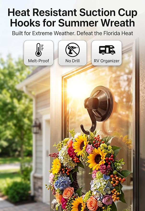 Strong Suction Cup Wreath Hanger for Front Glass Door - 20lb Vacuum Hooks for Window & Bathroom - Damage-Free, Reusable Outdoor Christmas Wreath Holder for Holiday Decor, 2-Pack (Black)