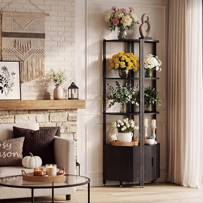 Corner Shelf with Storage, LED Lights 6-Tier Corner Bookshelf, 66'' Organizer Book Shelf Shelves Steel Frame Display Stand with Living Room, Bedroom, Study, Black