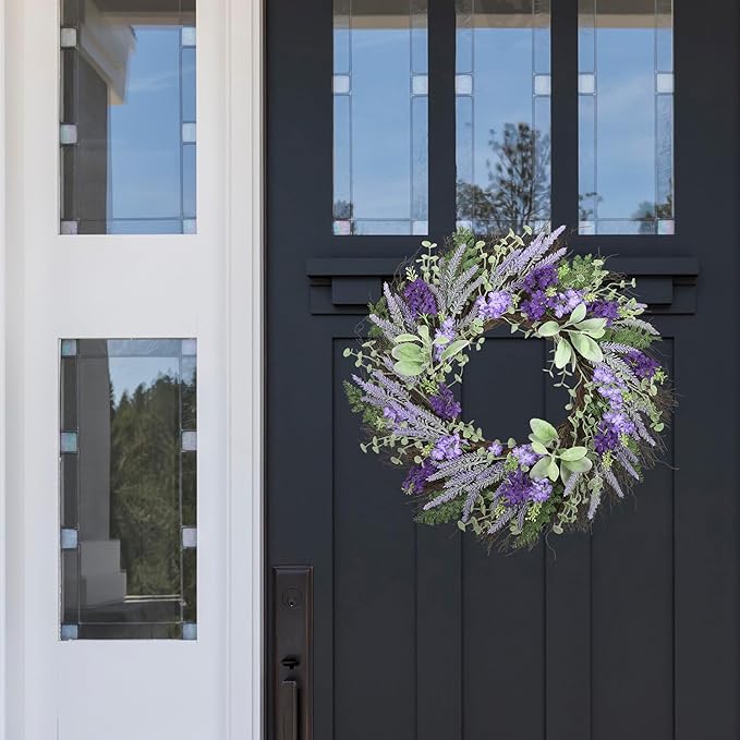 Haute Decor Mixed Artificial Lavender Wreath with Natural Grapevine - 24 Inch Spring Wreath for Front Door with Lavender, Eucalyptus, Cedar, Larkspur and Lamb's Ear Florals