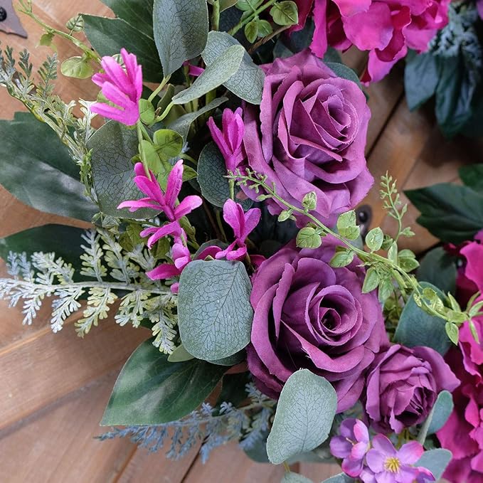 Artificial Purple Rose Wreaths 20 inches Front Door Wreath with Hydrangea Green Leaves Artificial Spring Wreaths Valentines Mother's Day Wreath for Wall Wedding Party Home Decor (Purple)