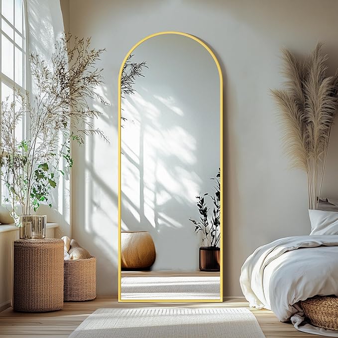 Delma Wall Mirror Full Length, Standing Floor Mirror for Bedroom Bathroom Living Room with Aluminium Frame (with Stand, Arch 69x24-Gold)