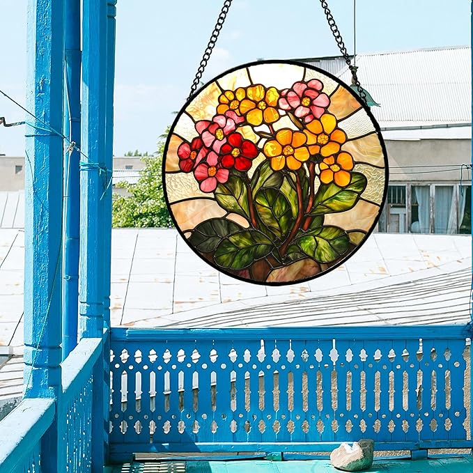 Stained Glass Window Hanging, Yellow Red Flowers Sun Catcher for Window Door Home Decor Green Plant Suncatcher Christmas Mother's Day Birthday Gifts for Women Men Mom and Nana 7.8 in