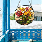 Stained Glass Window Hanging, Yellow Red Flowers Sun Catcher for Window Door Home Decor Green Plant Suncatcher Christmas Mother's Day Birthday Gifts for Women Men Mom and Nana 7.8 in
