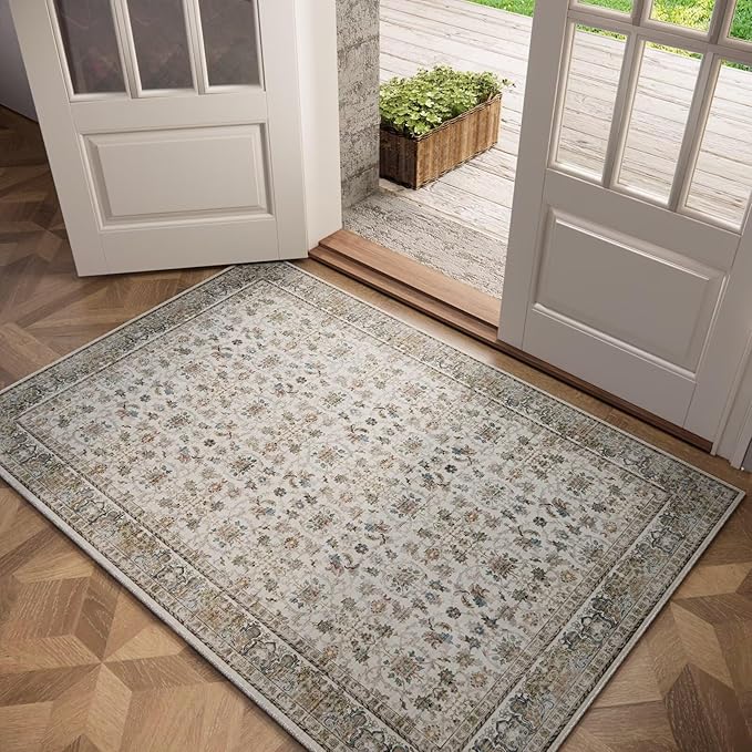 Washable 3x5 Entryway Rug, Boho Non-Slip Vintage Distress Small Rugs for Kitchen Nursery Office Bedroom, 0.3" Neutral Oriental Throw Thin Carpet with Cushioning Pad, Cream/Blue/Orange/Multi