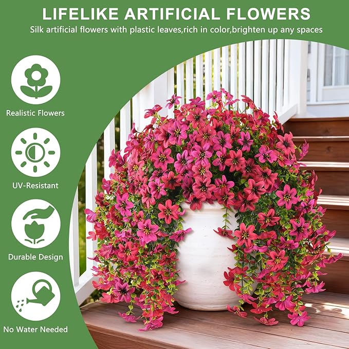 INQCMY Artificial Flowers for Outdoor Faux Hanging Plants Spring Outside Decoration,2Bundles Fake Silk Flowers Realistic Outdoor Flowers No Fade UV Resistant Porch Patio Window Yard Balcony Decor