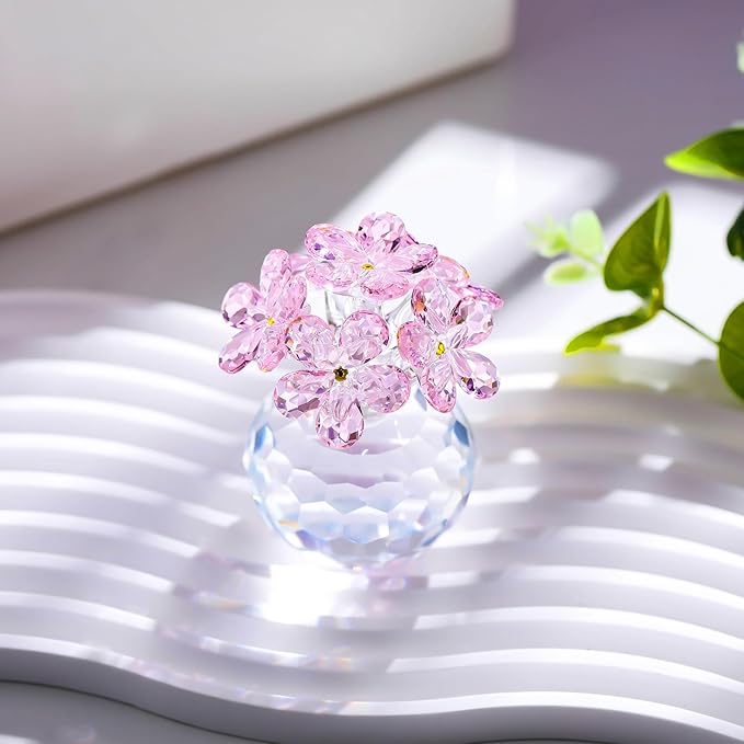 Qianwei Pink Crystal Flowers Figurine - Forget Me Not Gifts Sympathy Glass Flowers Collectible Figurines Decor Paperweight Ornament Home Office Table Desk Decorations
