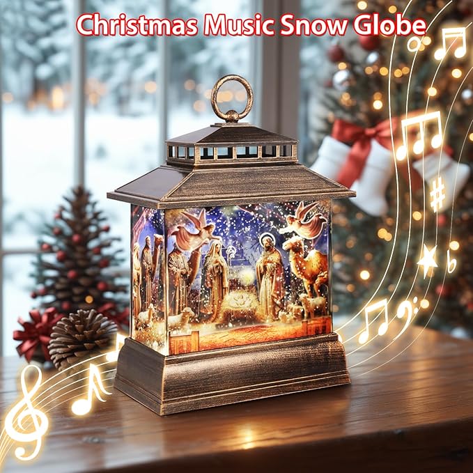 Christmas Snow Globe Lantern Water Glittering Lantern with 8 Songs & 6H Timer Romote Control Christmas Snow Globes USB & Battery Operated for Christmas Festival Decorations Gifts (Nativity)