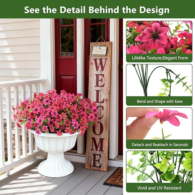 Artificial Flowers Faux Plants for Outdoor Fake Flower Spring Decoration, 12 Bundles Silk Daisy Bulk UV Resistant Realistic for Outside Porch Patio Balcony Planter Yard Garden Home Decor(Pink)