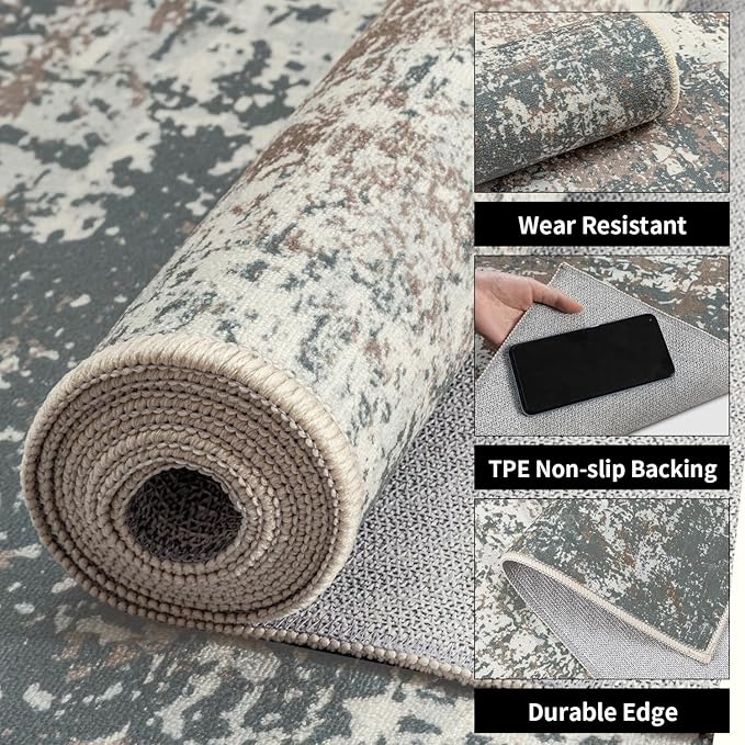 Ciicool 2x6 Washable Runner Rug, Modern Abstract Hallway Rugs Runner, Non-Slip Thin Accent Rug Lightweight Gray Brown Print Distressed Carpet for Laundry Entryway Bedroom Kitchen Bathroom Indoor