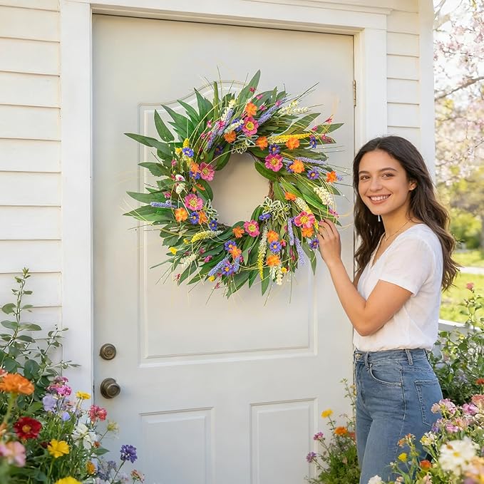 Spring Wreaths for Front Door 24 Inch - Outdoor Spring Summer Wreath with Wildflower and Green Leaves,Front Door Wreath for Farmhouse Home Porch Wall Decor