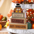 Lineshading 4 Pcs Fall Table Decorations Wooden Turkey Decor Thanksgiving Tiered Tray Decor Fall Centerpiece Rustic Wood Turkey Block Sign for Gobble Harvest Party Home Kitchen Decorations