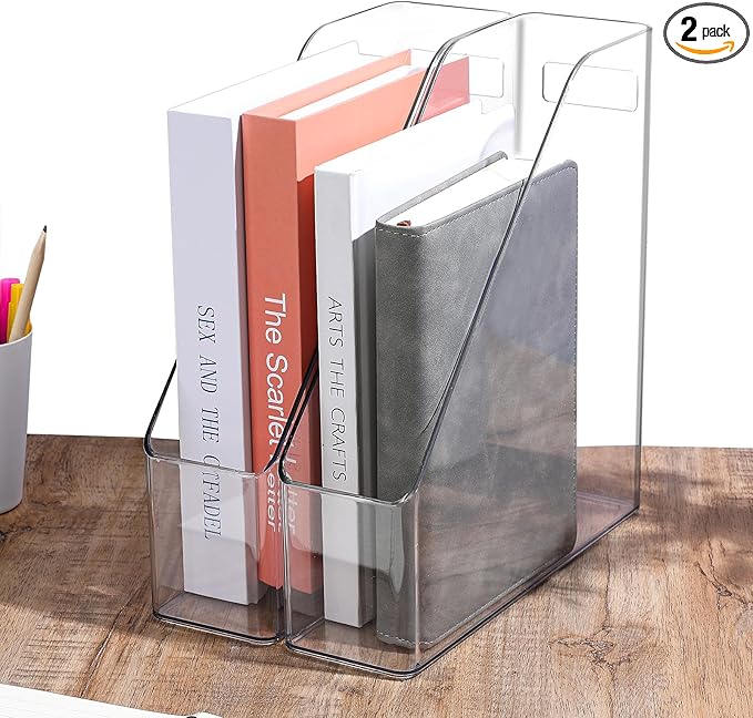 MAQUITA Magazine Holder, 2 Pack Acrylic Magazine File Holder,A4 Vertical File Organizer with Handle for Desk,Clear Document Rack File Folder Storage Bin
