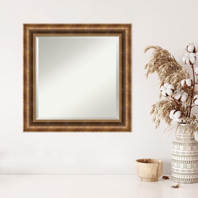 Amanti Art Bronze Wall Mirror 25x25 Manhattan Bronze Square Bathroom Mirror for Wall Decor Living Room, Medium Traditional Wood Frame, Hangs Horizonally and Vertically, Bathroom Decor, Beveled Edge