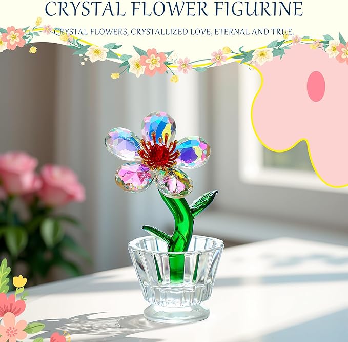 Crystal Peach Blossom Mini Ornament Figurine 2.9 * 1.5in Glass Flower Decoration for Home Office for Mom