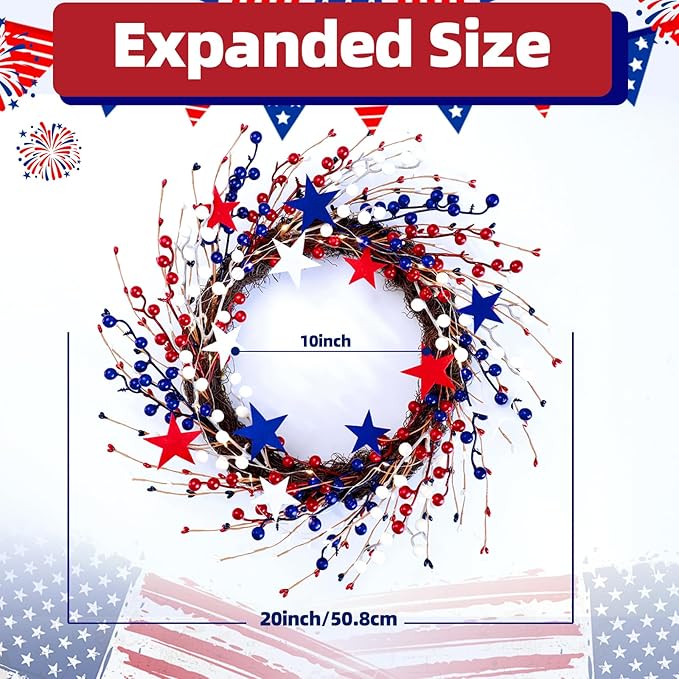 Patriotic Wreaths for Front Door with Lights, 20inch 4th of July Wreaths Red White and Blue Berry Star Summer American Flag Wreath for Independence Day Flag Day Memorial Day Window Wall Decor