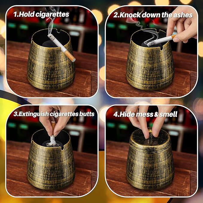 Ashtray for Cigarettes Outdoor, Outdoor Ashtray with Lid, Metal Odorless Windproof Smokeless AshTray for Patio Home Office Tabletop Balcony