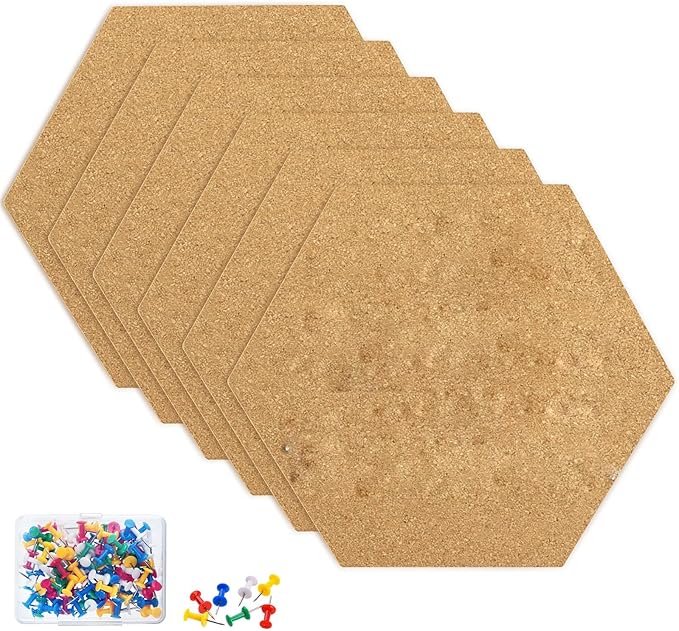 TUPARKA 6 Pack Cork Board Hexagon Bulletin Boards Cork Tiles 8.2"x7" - 1/4" Self-Adhesive Corkboards with 50 Push Pins Mini Wall for Wall Home School Office Decorative