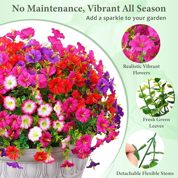 MARTINE MALL 12 Bundles Look Real Artificial Flowers for Outdoors, Realistic Fake Outdoor Flowers, UV Resistant Silk Petunia Flowers for Outside Faux Flowers Plants for Outdoor Porch, Mix Colors