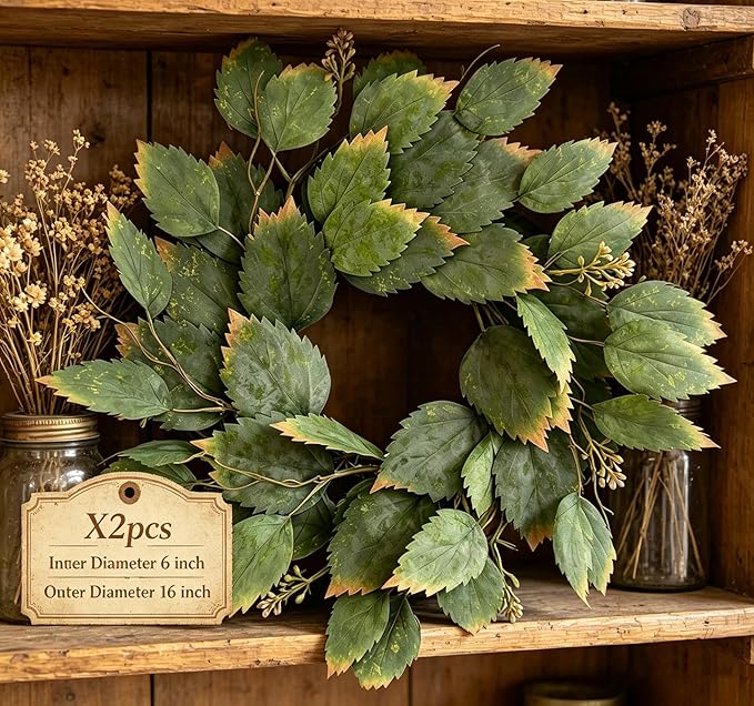 2 Pcs 16" Green Hibiscus Leaf and Eucalyptus Leaf Wreath - Artificial Greenery Candle Ring Wreath for Table, Front Door, Porch, Window & Home Holiday Decor - All Season Hanging Wreath