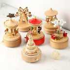 Natural Solid Wood Handcrafted Beech Wooden, Musical FigureTotoro/Carousel/Fairy/Ballerina Figurine,Rotating Hand Crank Mechanism Music Box,Musical Decorations (Red Merry-Go-Round)