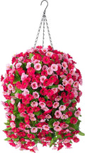 Artificial Flowers with Hanging Basket, Outdoor Faux Plants Silk Morning Glory Vines, Fake Green Arrangement for Garden Patio Spring Summer Decor(Hot Pink)