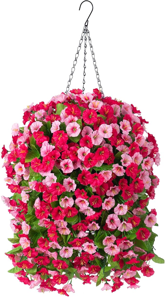 Artificial Flowers with Hanging Basket, Outdoor Faux Plants Silk Morning Glory Vines, Fake Green Arrangement for Garden Patio Spring Summer Decor(Hot Pink)