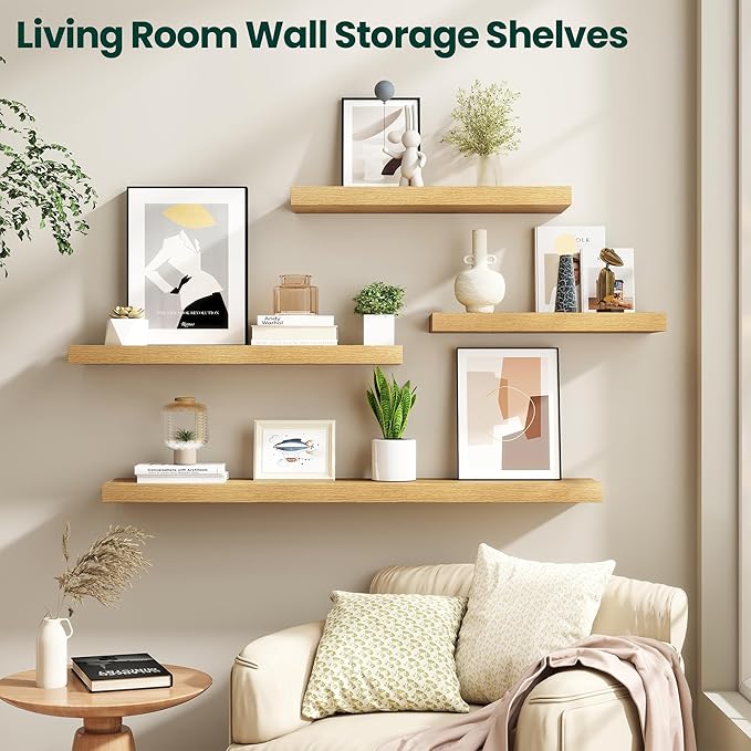 Floating Shelves for Wall 24 in x 9.3 in Deep, Wall Mounted Rustic Wood Shelf with Invisible Brackets for Storage & Display, Living Room Bedroom Bathroom, Oak, 2 Pack