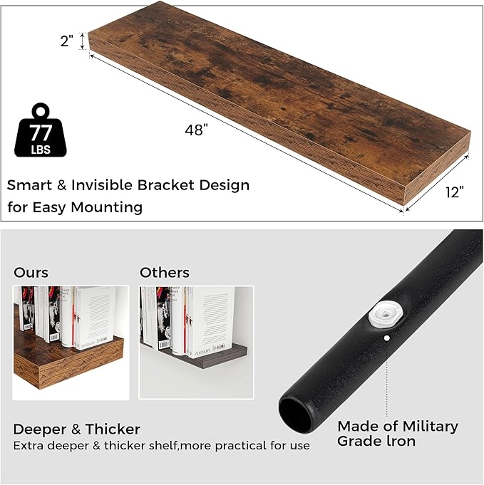 Venusmiles Floating Shelves for Wall, 48 Inch Wide x 12 Inch Deep Floating Shelves, Long Wood Floating Wall Shelf Shelves for Living Room Bathroom Bedroom Kitchen Home - (Brown, 48" W x 12" D x 2" H)